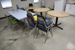 Lunch Room Tables (3) Round and 1 Rectangular with Steel and Plastic Chairs