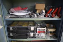 2 Door Metal Cabinet with Contents, Hand Tools, Powder Coating Gun and Cabinet Parts,  Air Fittings