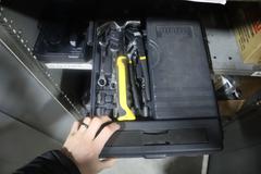 Metal 2 Door Storage Cabinet with Contents of Work Gloves, Box Stapler and Hand Tools