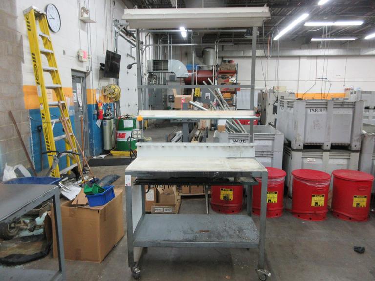 Rolling Steel Workbench with Plastic Top, Outlet, and Overhead Lighting