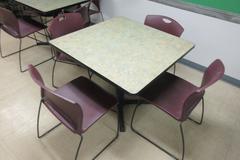 Square Laminated Top Breakroom Tables 3' x 3' (Qty. 4)  with (16) Plastic Seat Steel Legged Chairs