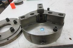 Yuasa 10.75" 3-Jaw Lathe Chuck, 3.5" Through Hole, 9" Direct Mount 3 Bolt, With Adapter Plate