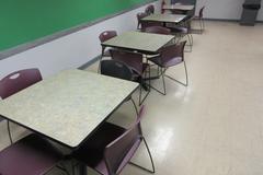 Square Laminated Top Breakroom Tables 3' x 3' (Qty. 4)  with (16) Plastic Seat Steel Legged Chairs