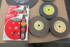 12" Abrasive Cut-Off Wheel, (4) Norton 6 x 3/4 x 1/2" Grinding Wheels, (2) Packages of 6" Sanding Discs