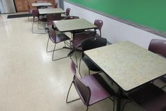Square Laminated Top Breakroom Tables 3' x 3' (Qty. 4)  with (16) Plastic Seat Steel Legged Chairs