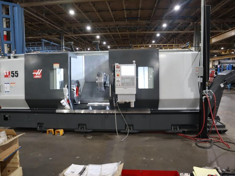 Haas ST-55 CNC Lathe Turning Center, 12.5" Hole, 12 Station Turret, Tailstock, (2) 26" Chucks, 1,000 PSI Coolant - NEW 2023 - LIKE NEW ONLY 10 Spindle Hours!