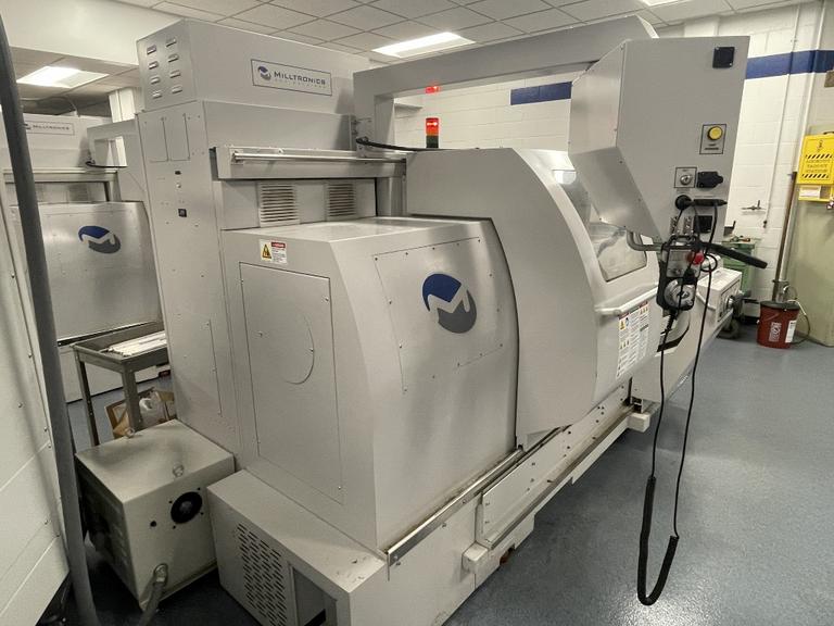 Milltronics ML16 CNC Engine Lathe, Series G, 8200 CNC Control, 8 Station Turret, Tailstock, 3-Jaw Chuck, Coolant, Enclosure