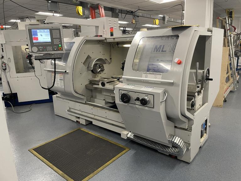 Milltronics ML16 CNC Engine Lathe, 8200 CNC Control, 8 Station Turret, Tailstock, 3-Jaw Chuck, Coolant, Enclosure