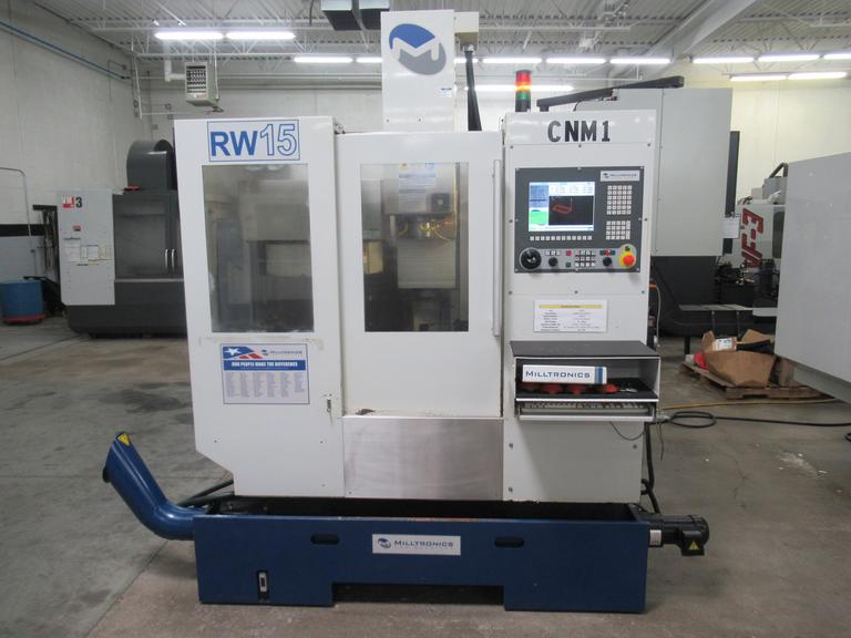 Milltronics RW-15 CNC Vertical Machining Center,  25" x 15" x 20.5". Series D, Milltronics 8200 Control, 16 ATC, 8K RPM, Chip Auger