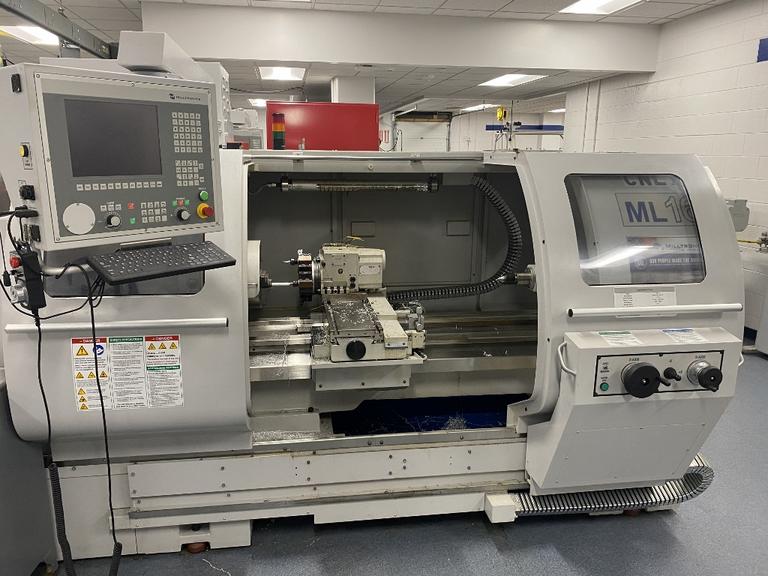Milltronics ML16 CNC Engine Lathe, Series G, 8200 CNC Control, 8 Station Turret, Tailstock, 3-Jaw Chuck, Coolant, Enclosure
