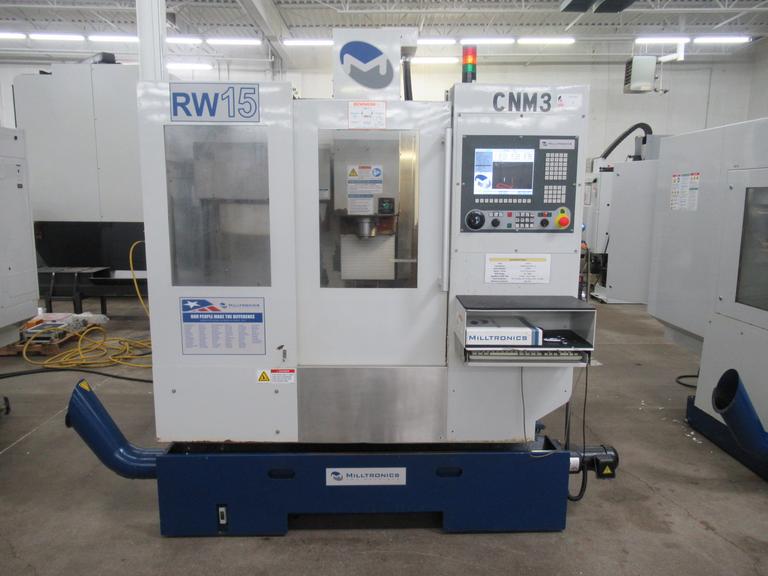 Milltronics RW-15 CNC Vertical Machining Center, 25" x 15" x 20.5". Series D, Milltronics 8200 Control, 16 ATC, 8K RPM, Probing, Chip Auger