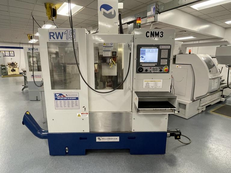 Milltronics RW-15 CNC Vertical Machining Center, 25" x 15" x 20.5". Series D, Milltronics 8200 Control, 16 ATC, 8K RPM, Probing, Chip Auger