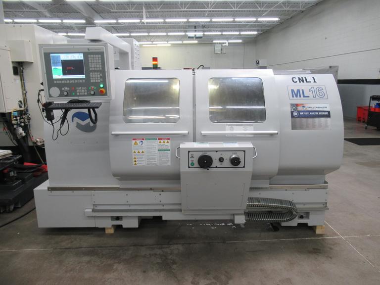 Milltronics ML16 CNC Engine Lathe, Series G, 8200 CNC Control, 8 Station Turret, Tailstock, 3-Jaw Chuck, Coolant, Enclosure