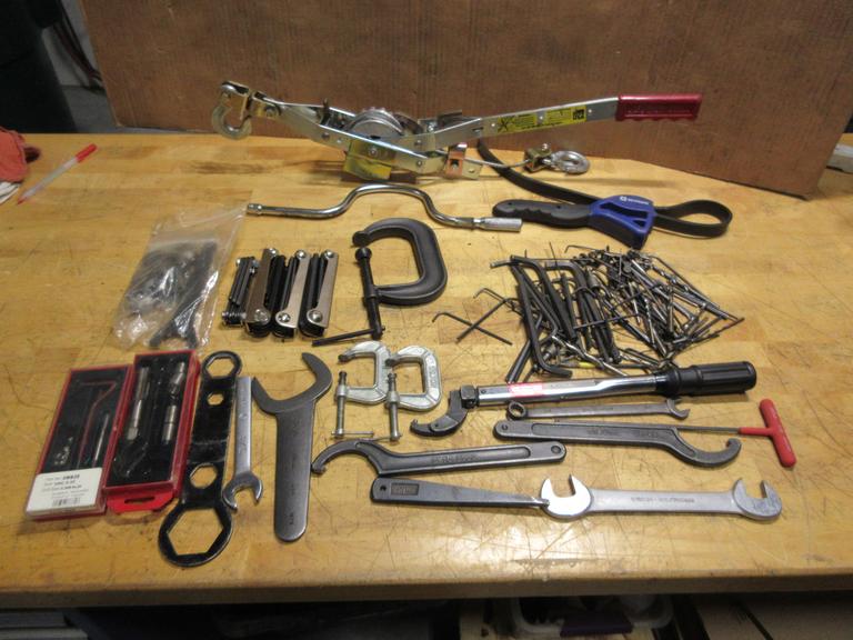 Assorted Hand Tools, Come Along, C Clamps, Wrenches & More