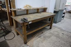 Wood Work Bench with Wilton 3" Bench Vise, Upper Shelf, Lower Shelf