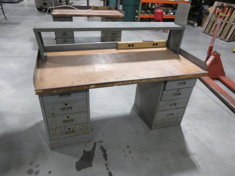 Metal Work Bench, 8 Drawers, Wood Top, Metal Upper Shelf, Outlet Strip