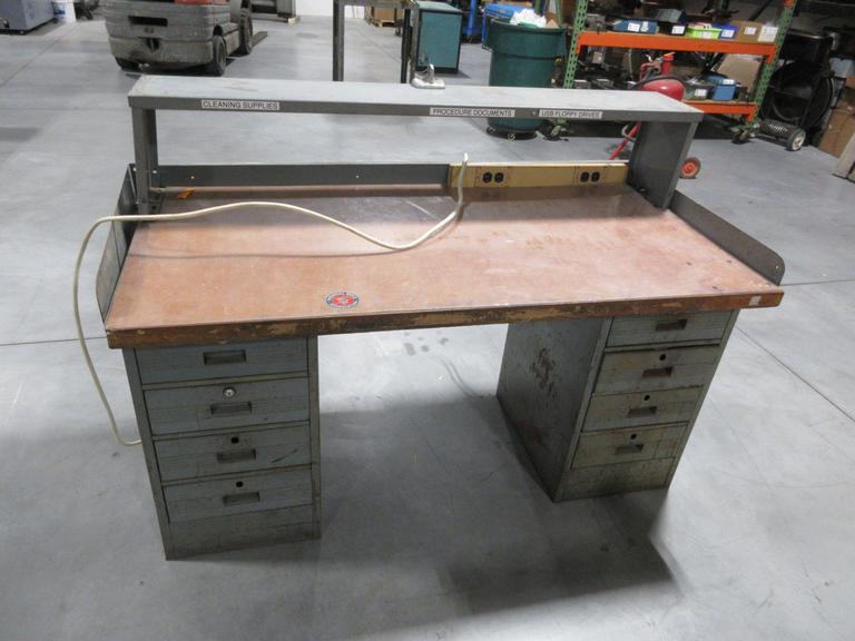 Metal Work Bench, 8 Drawers, Wood Top, Metal Upper Shelf, Outlet Strip