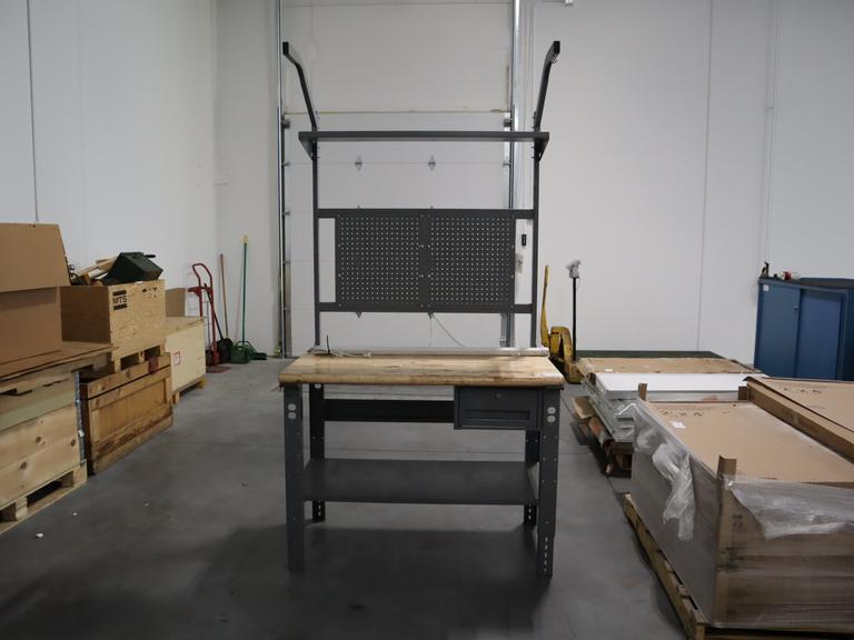 Uline Butcher Block Work Bench, Adjustable Height, Light Grey, w/ Overhanging Light & Shelf & Drawer, Peg Board