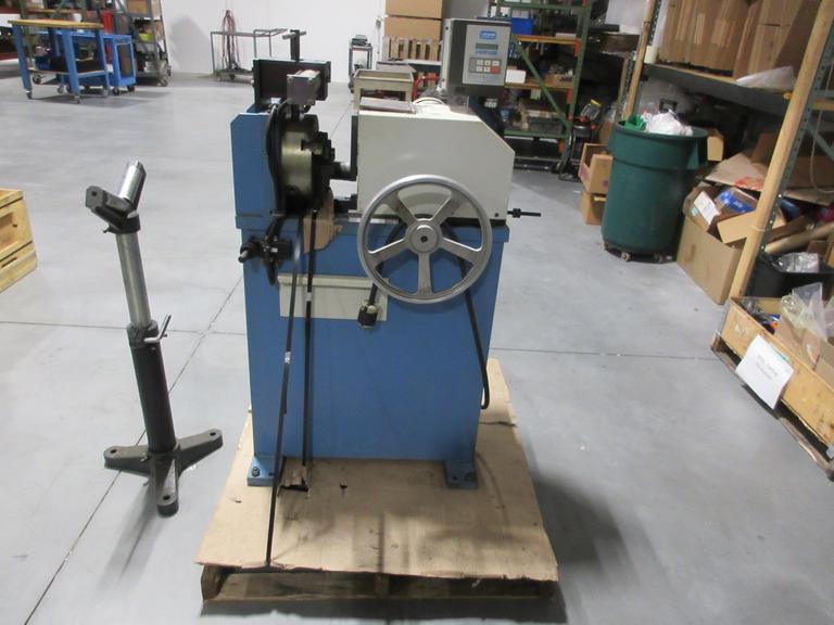J.F. Berns Chamfering Machine - 3″ Round Cap, 2 HP, Air/Manual Chuck, 9.5" 3-Jaw Chuck W/ Adjustable Height Roller Stand