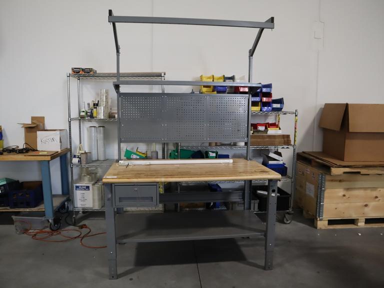 Uline Butcher Block Work Bench, Adjustable Height, Light Grey, w/ Overhanging Light & Shelf & Drawer, Peg Board