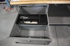 Uline Butcher Block Work Bench, Adjustable Height, Light Grey, w/ Overhanging Light & Shelf & Drawer, Peg Board