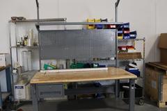 Uline Butcher Block Work Bench, Adjustable Height, Light Grey, w/ Overhanging Light & Shelf & Drawer, Peg Board