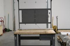 Uline Butcher Block Work Bench, Adjustable Height, Light Grey, w/ Overhanging Light & Shelf & Drawer, Peg Board