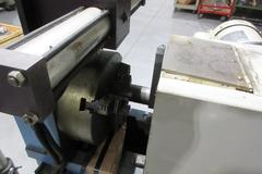 J.F. Berns Chamfering Machine - 3″ Round Cap, 2 HP, Air/Manual Chuck, 9.5" 3-Jaw Chuck W/ Adjustable Height Roller Stand