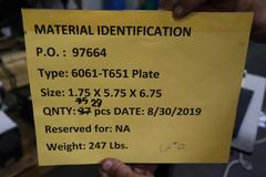 Aluminum 6061-T651 Plates 1.75" x 5.75" x 6.75" (29) with Certifications
