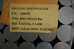 Aluminum 60610T6511H Bar 4.125" Diam x 1.030 (118) with Certifications