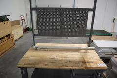 Uline Butcher Block Work Bench, Adjustable Height, Light Grey, w/ Overhanging Light & Shelf & Drawer, Peg Board