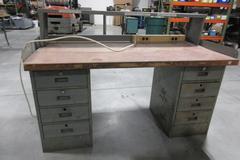 Metal Work Bench, 8 Drawers, Wood Top, Metal Upper Shelf, Outlet Strip