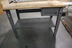 Uline Butcher Block Work Bench, Adjustable Height, Light Grey, w/ Overhanging Light & Shelf & Drawer, Peg Board