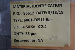 Aluminum 6061-T6511 Bar -4.5" Square x 2.4" (55) with Certifications