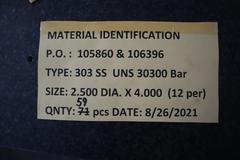 Stainless Steel 303 UNS 30300 Bar, 2.5" Diam x 4" Length with Certifications