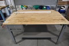 Uline Butcher Block Work Bench, Adjustable Height, Light Grey, w/ Overhanging Light & Shelf & Drawer, Peg Board