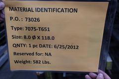 Aluminum 7075-T651 8" Bar X 118" 582Lbs W/ Certification
