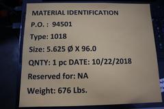 Low Carbon Mild Steel 1018 - 5.625" x 96" 676LBS W/ Certification