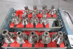 Lista Rolling Tool Cart with Adjustable Shelves, (29) CAT50 Pockets and (18) Erickson CAT50 Hydraulic Tool Holders