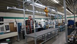 Overhead Hoist & Crane Specialists Heavy Duty Steel Mold Table with Overhead Hoist System, Harrington 2 Ton Electric Chain Hoist, I Beam, Trolley