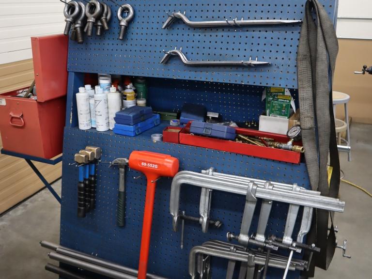 Portable Tool Rack with: Clamps, Hand Tools, Lifting Straps, Chains, Eye-Bolts, Hooks