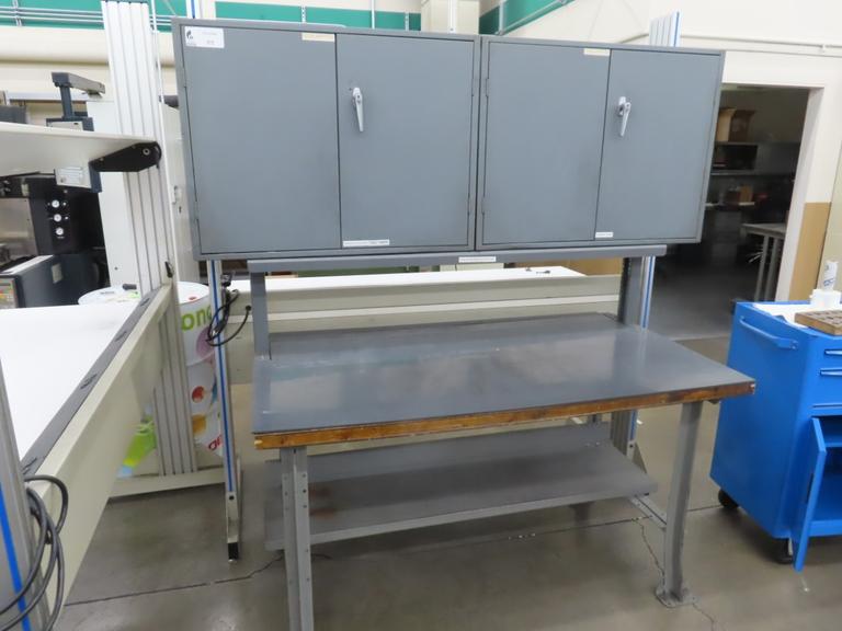 Wood Top Bench w Metal Frame (2) Door Equipto Cabinets w Lower Shelf and Contents