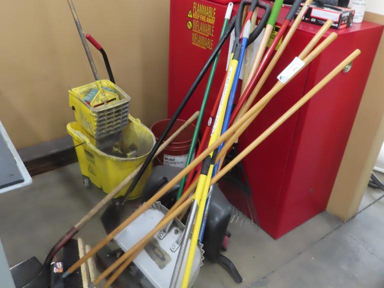Brooms, Shovels, Rakes, Dust Pans, Mop w Bucket