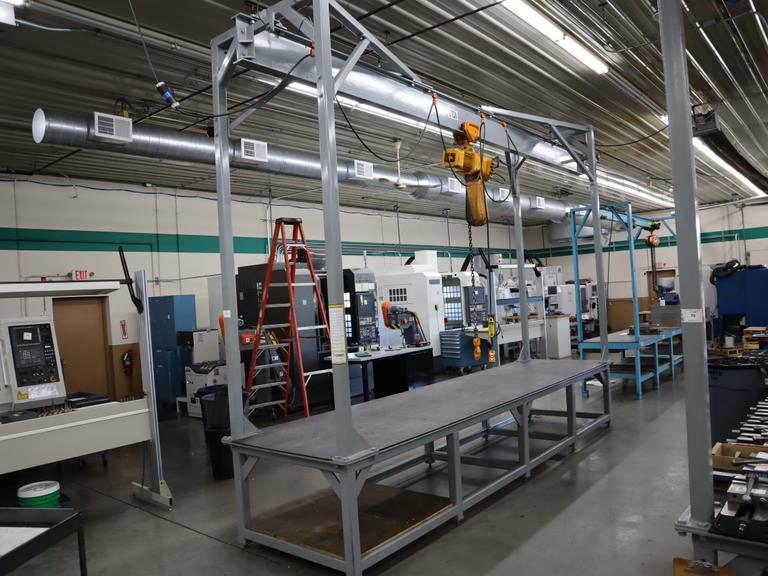 Overhead Hoist & Crane Specialists Heavy Duty Steel Mold Table with Overhead Hoist System, Harrington 2 Ton Electric Chain Hoist, I Beam, Trolley