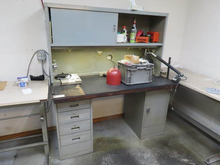 Metal Work Desk with Drawers w Sliding Door and Contents w Light