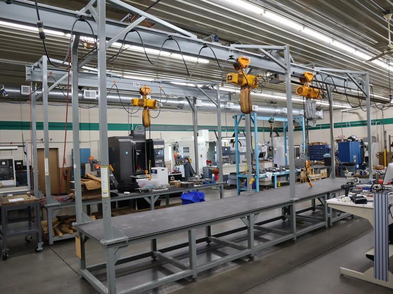Heavy Duty Steel Mold Table with Overhead Hoist System, Harrington 3 Ton and 2Ton Electric Chain Hoists, I Beam, Trolleys