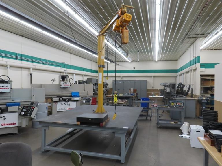 Overhead Hoist & Crane Specialists Heavy Duty Steel Mold Table with Overhead Hoist System, Contrex Model B586 1/4 Ton Jib Cane w  2 Ton Electric Chain Hoist, I Beam, Trolley