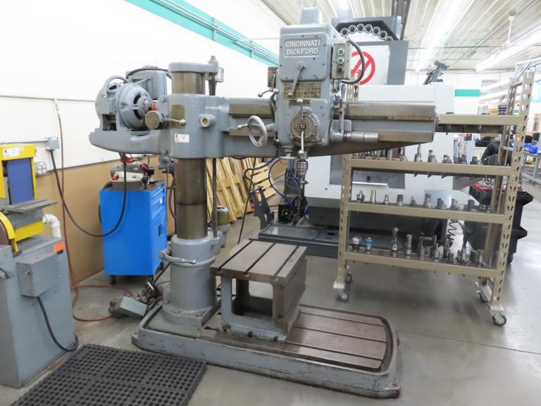 Cincinnati Bickford 4' x 9" Radial Arm Drill, Box Table, Power Elevation, Power Quill Feed, Coolant
