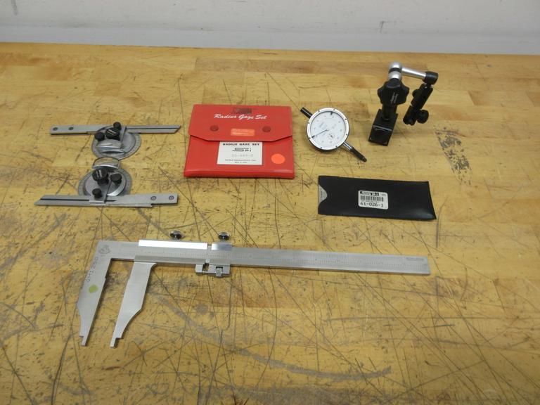 Etalon 14" Vernier Caliper, (2) Mitutoyo Protractors, Fowler 1" Travel Indicator, Mag Base Indicator Holder, SPI Radius and Surface Finish Gages