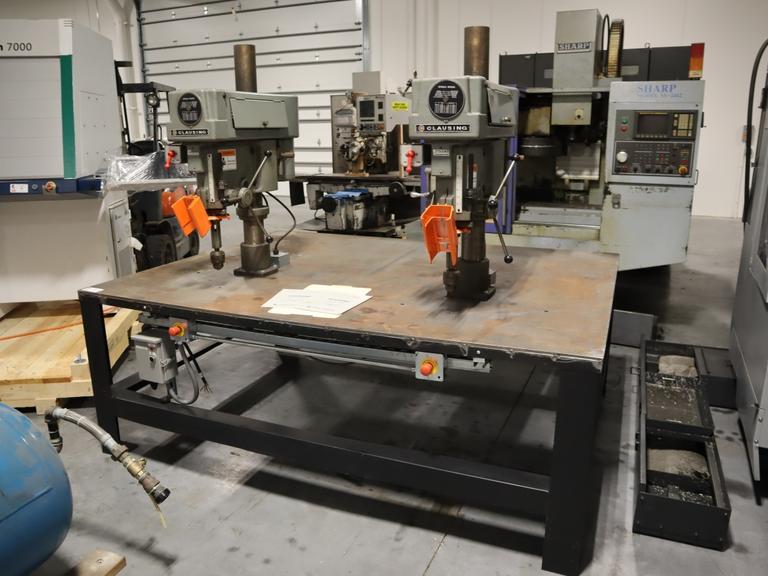 Clausing Model 2236 20" Drill Presses (2) on Steel Table, 2-Speed Motors, Hand Quill Feeds, Jacobs Drill Chucks, Safety Shields